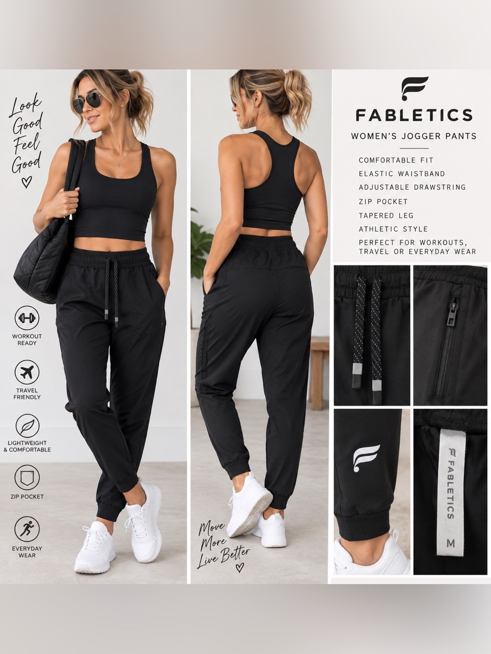 Fabletics Black Athletic Jogger Pants Women’s Medium Zip Pocket